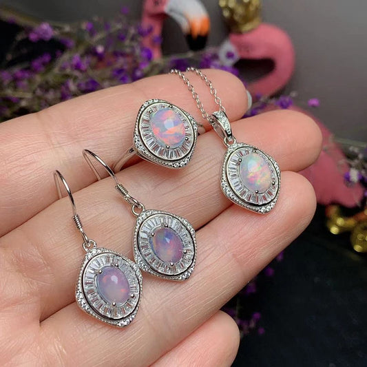 Natural Opal Silver Jewelry Set for Women