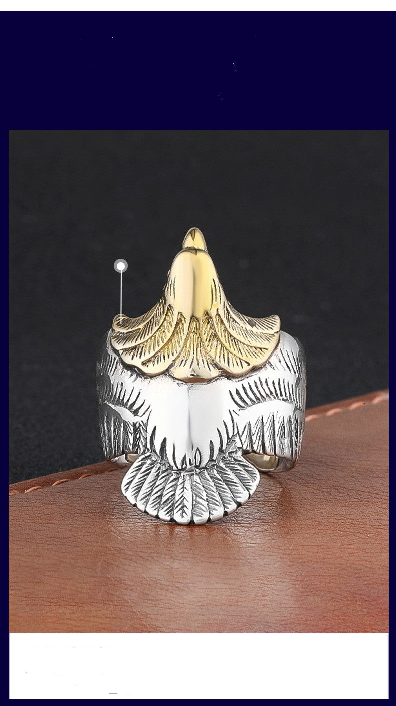 S925 Sterling Silver Eagle Gold Head Ring - Hip Hop