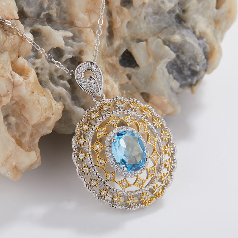 Sterling Silver Natural Topaz Hollow Necklace for Women