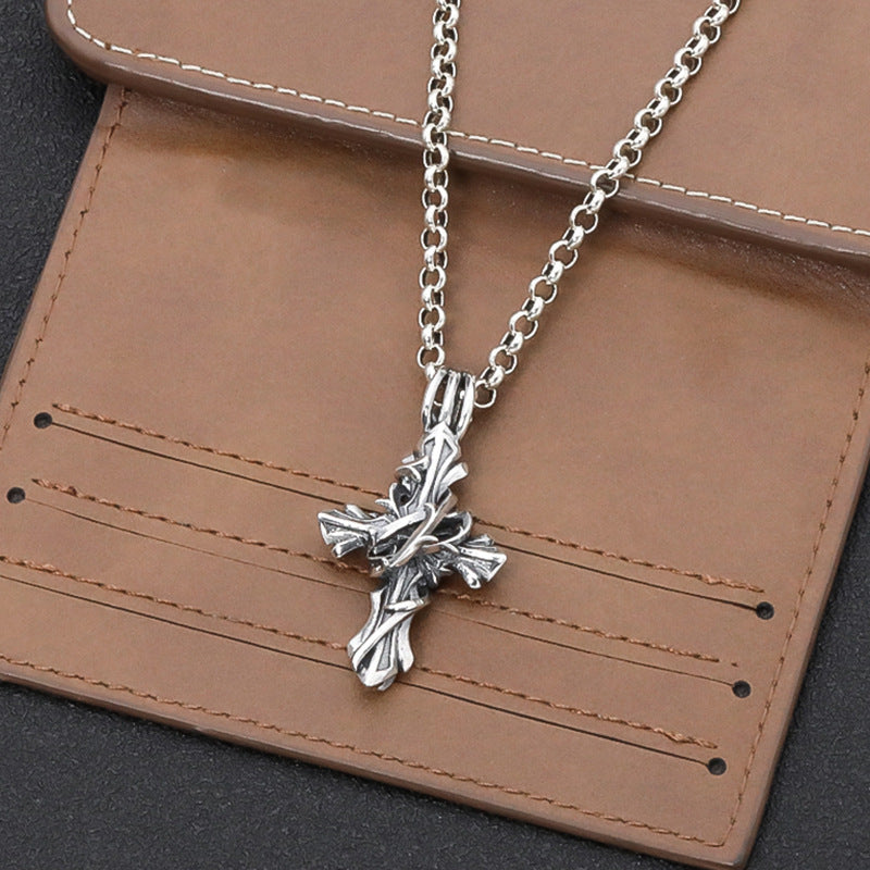 Vintage Vine Cross Pendant: Fashionable Sterling Silver Necklace for Men and Women