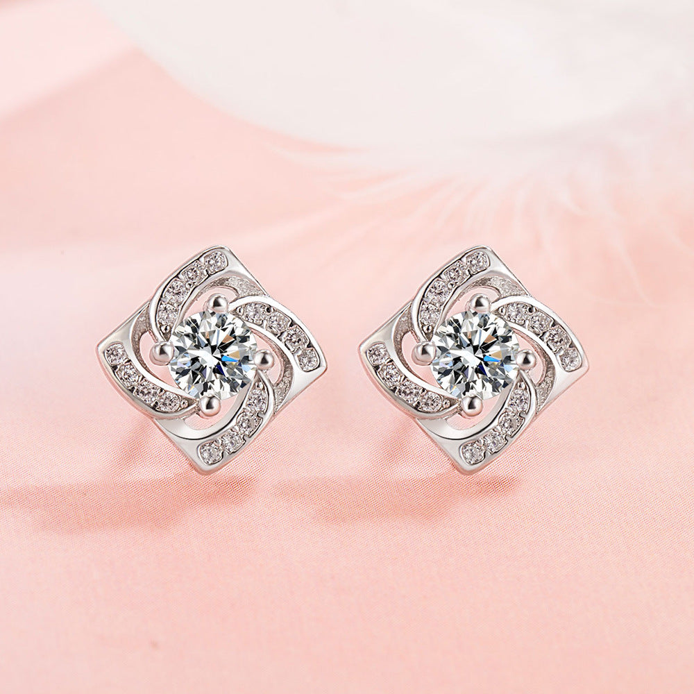 Women's Sterling Silver Square Diamond Stud Earrings Niche Design Sense