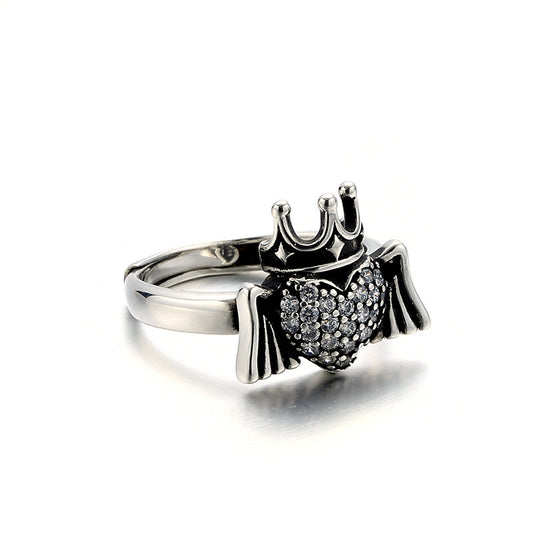 Women's Vintage Heart Wings Sterling Silver Ring
