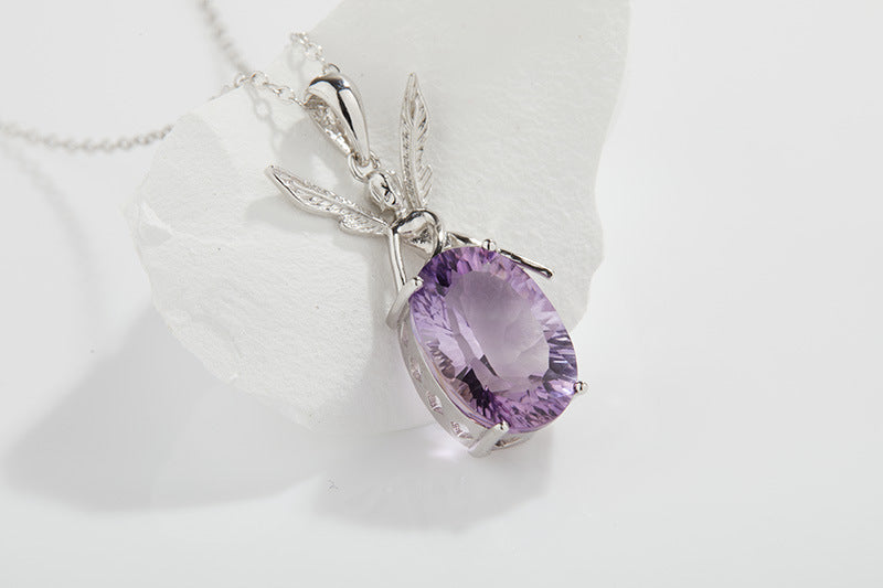 Women's S925 Silver Necklace with Natural Amethyst Inlay