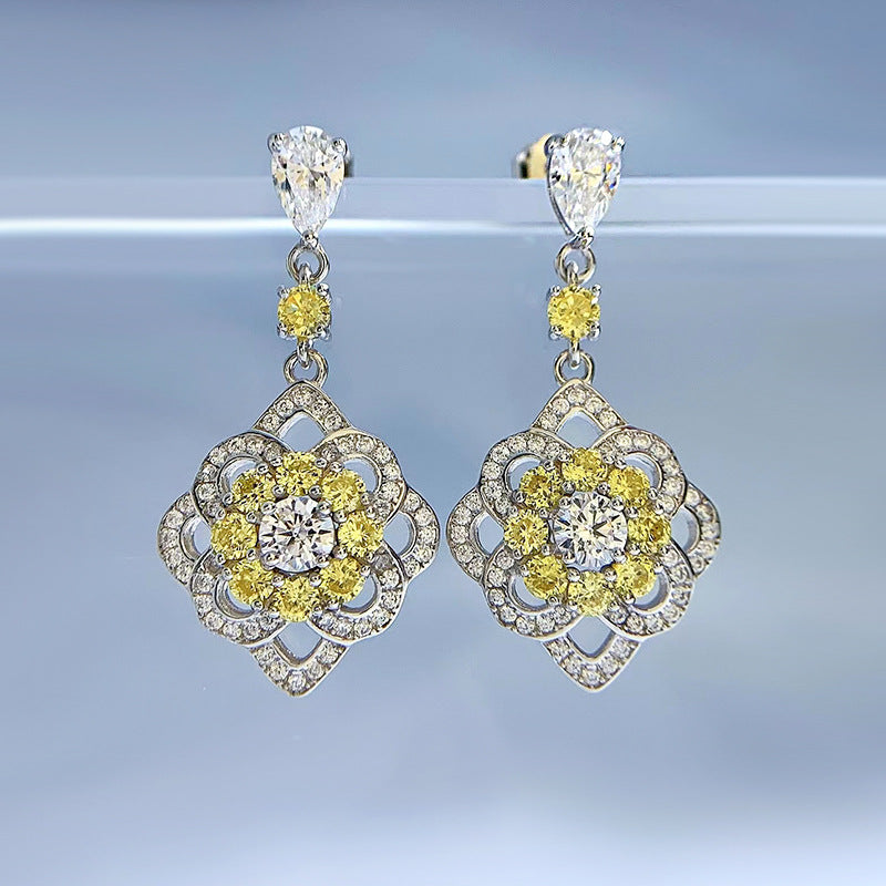 Women's Sterling Silver Micro-inlaid Ear Studs with Artificial Yellow Diamond