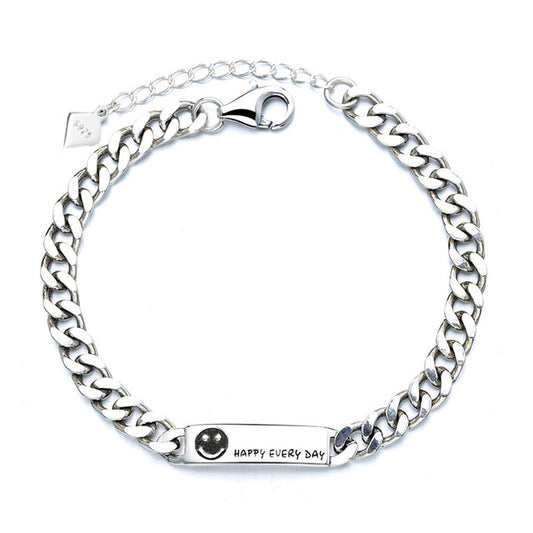 Women's S925 Sterling Silver Retro Bracelet with Smiley Charm