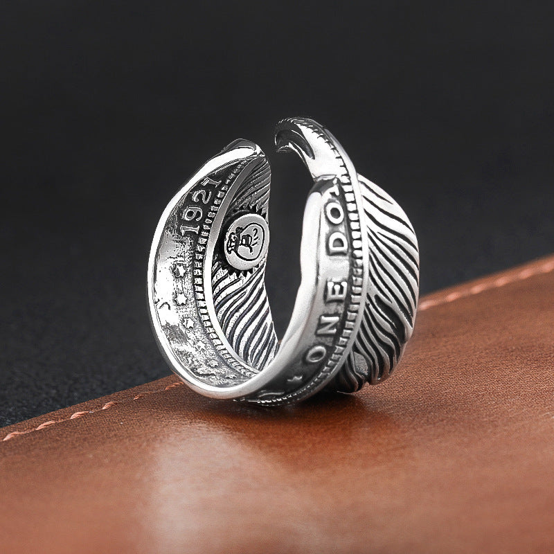 Men's Native American Style Feather Ring - S925 Sterling Silver