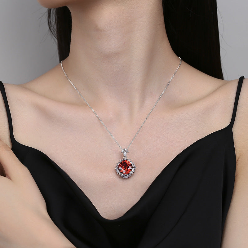 Elegant Sterling Silver Necklace - 12CT Artificial Ruby - Women's Wedding Jewelry