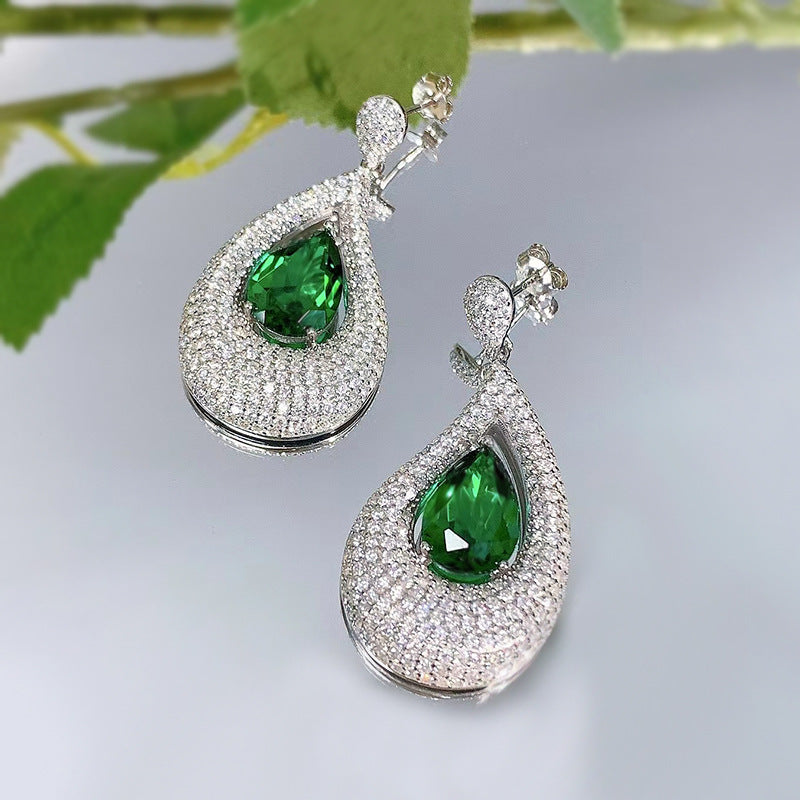 Women's Artificial Emerald Stud Earrings with Diamond Accents