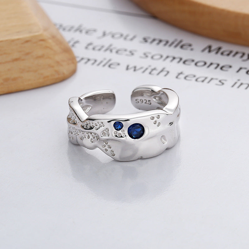 Blue Open-end Zircon Ring: Women's Sterling Silver Ring with Lava Texture