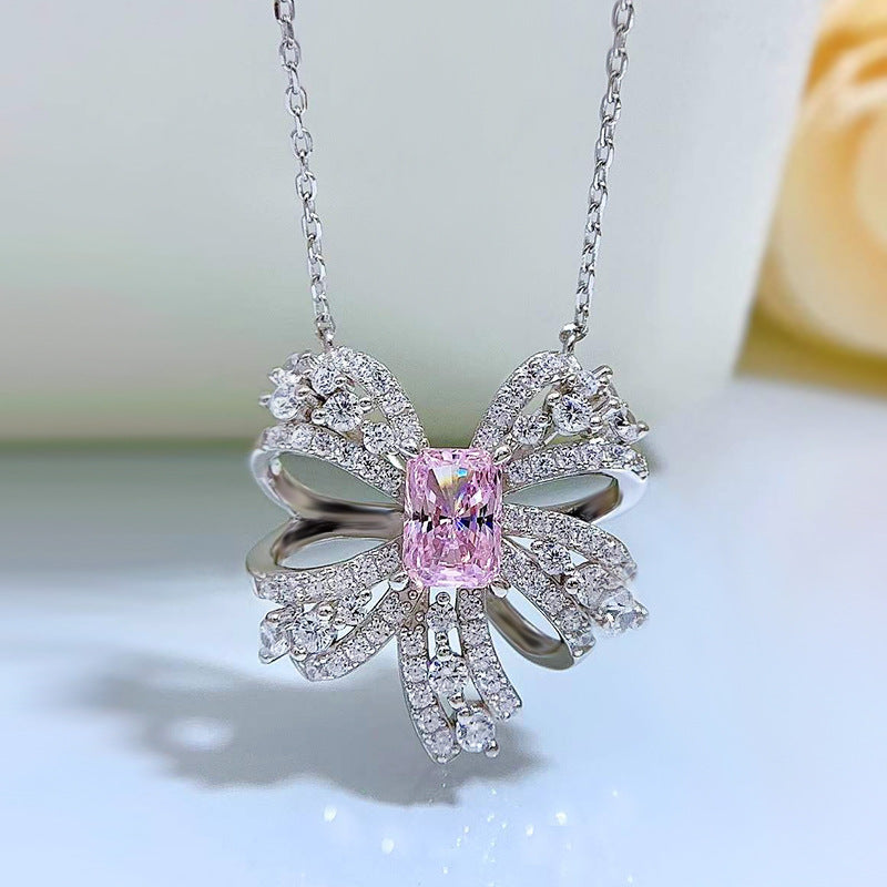 Luxury Sterling Silver Necklace for Women with Pink Artificial Diamond