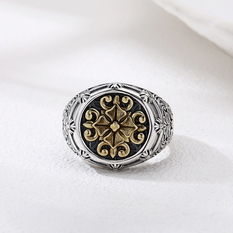 Men's S925 Silver Ring with Intricate Cross Pattern