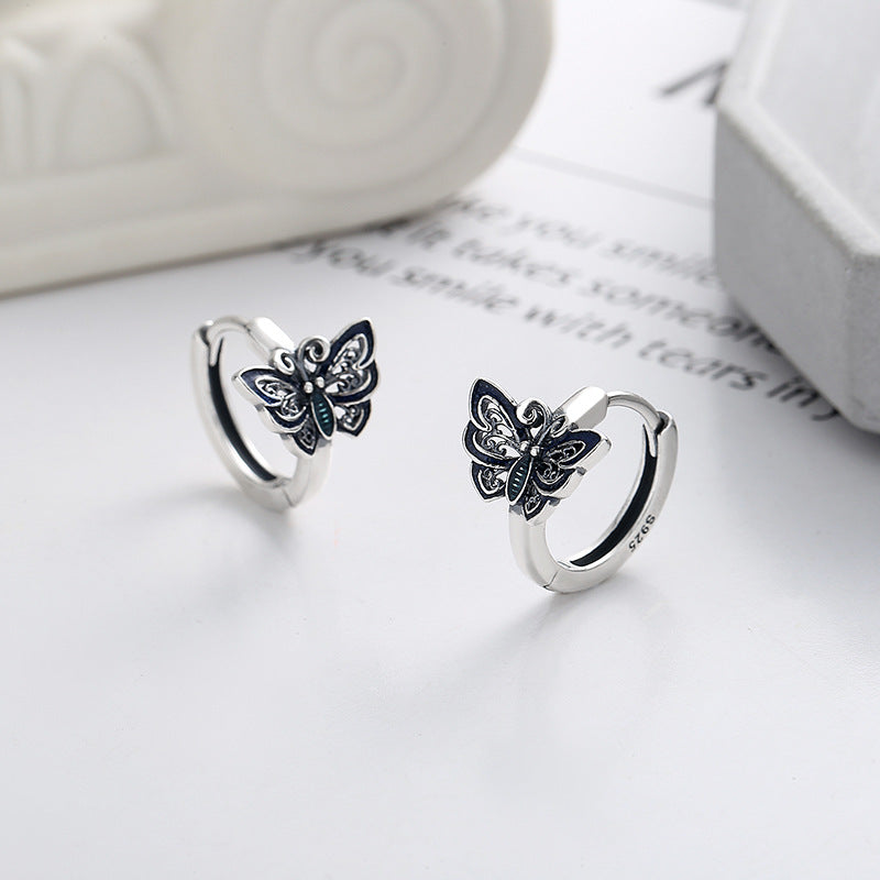 Women's Silver S925 Vintage Dark Blue Butterfly Ear Clip Earrings