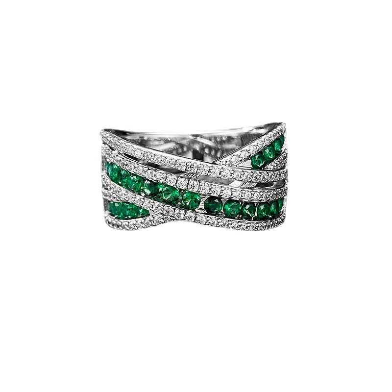 Women's Fashion Row Love Interwoven Silver Ring with Artificial Emerald