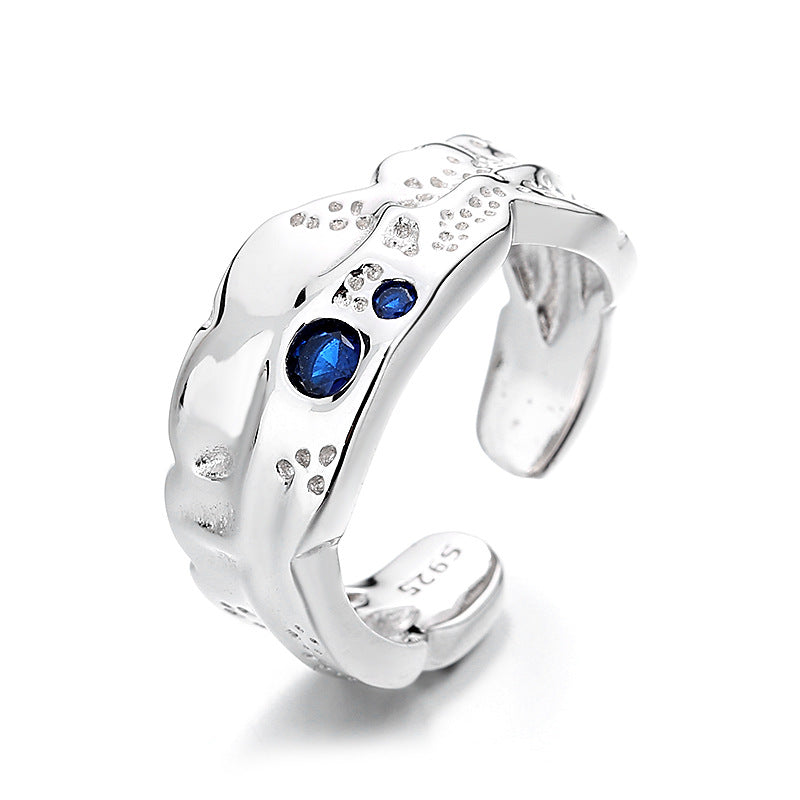 Blue Open-end Zircon Ring: Women's Sterling Silver Ring with Lava Texture