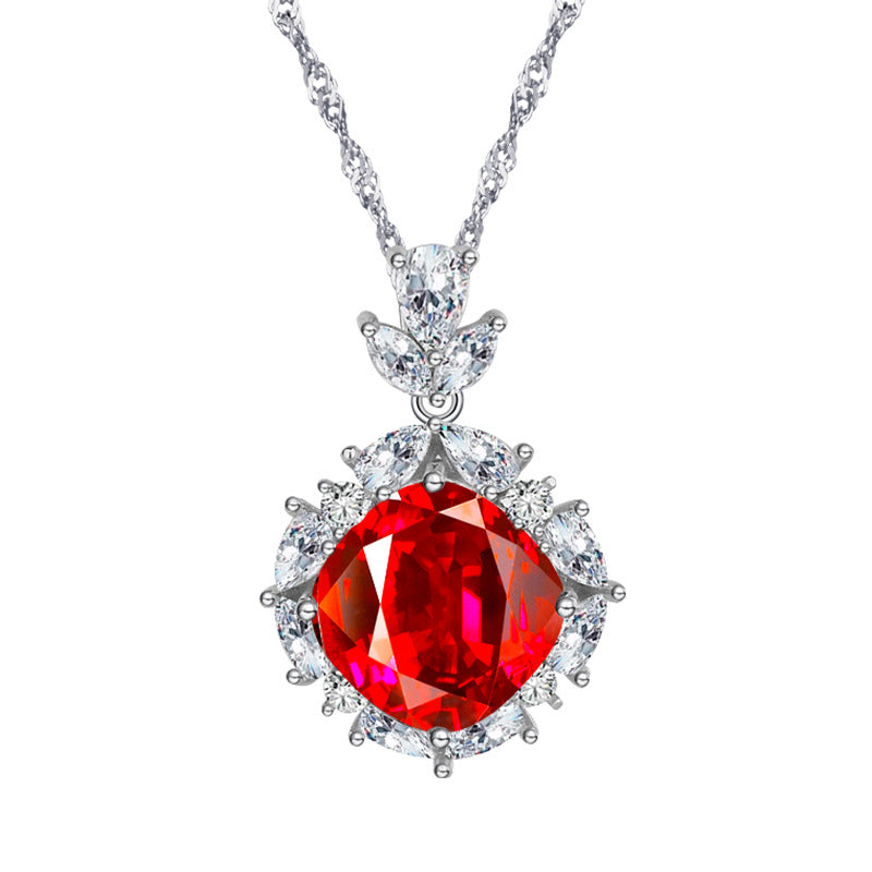 Elegant Sterling Silver Necklace - 12CT Artificial Ruby - Women's Wedding Jewelry