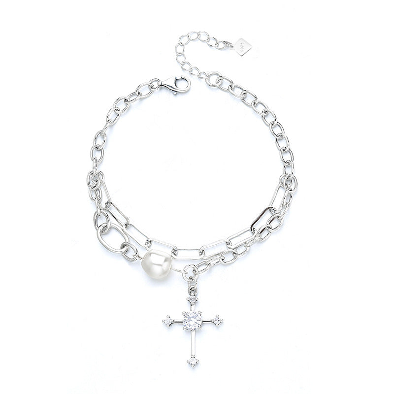 Elegant S925 Sterling Silver Double-layer Pearl Cross Bracelet
