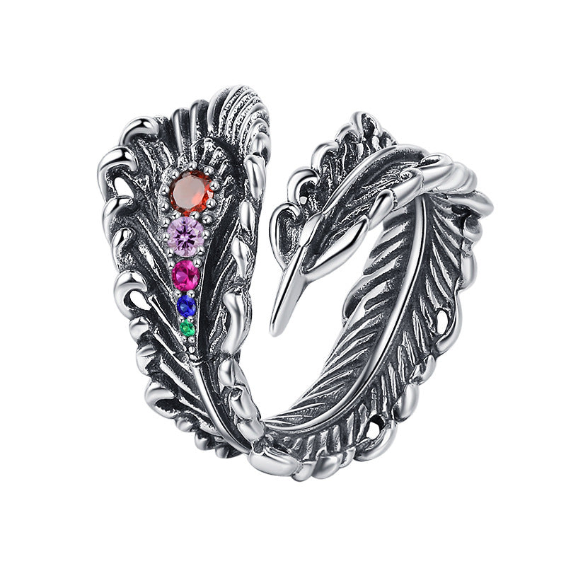 Women's S925 Sterling Silver Feather Inlaid Ring