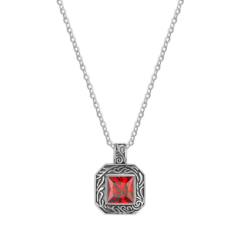 Women's S925 Sterling Silver Vintage Engraved Square Synthetic Ruby Necklace