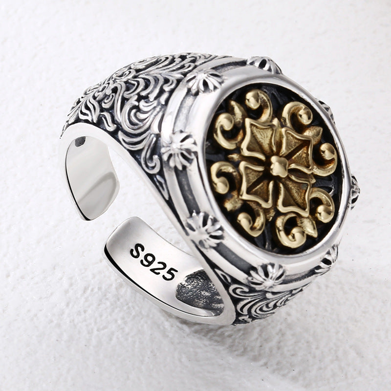 Side View of Men's S925 Silver Ring with Cross Pattern