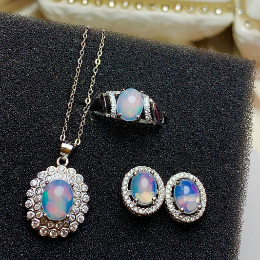 Silver Jewelry Set for Women with Natural Opal