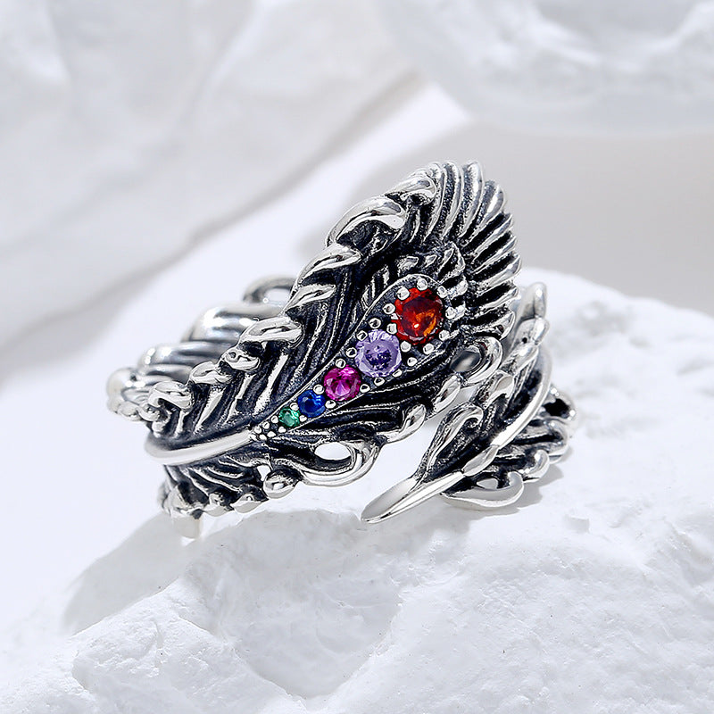 Women's S925 Sterling Silver Feather Inlaid Ring