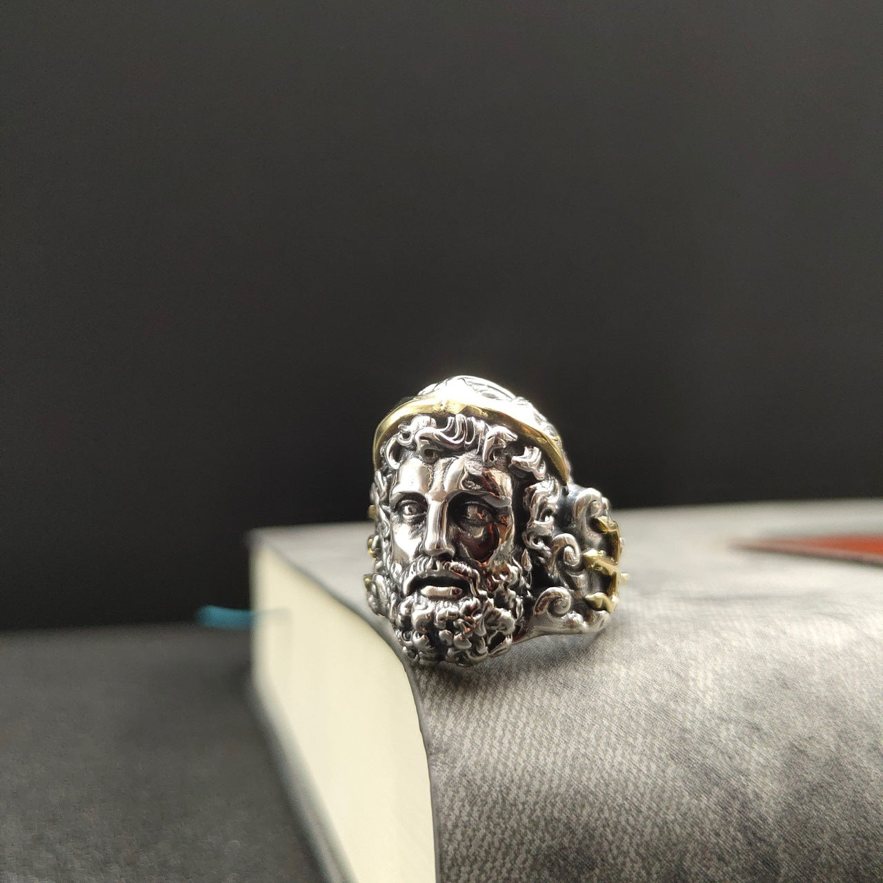 Detailed View of God Zeus Engraving on Silver Ring