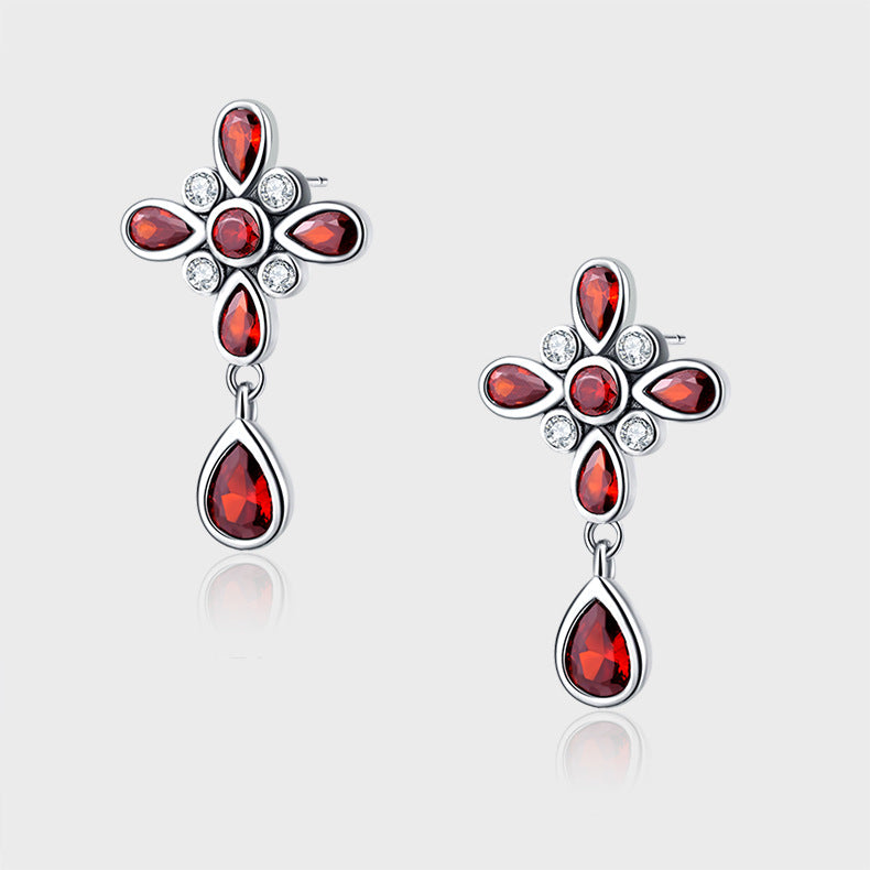 Silver Cross Earrings with Natural Garnet free shipping