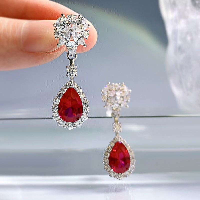Women's Sterling Silver Long Ruby Earrings: Simulated Gemstone Statement