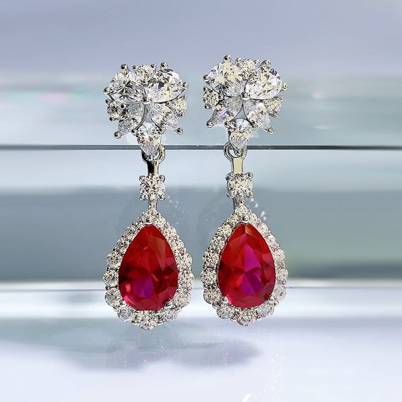 Women's Sterling Silver Long Ruby Earrings: Simulated Gemstone Statement