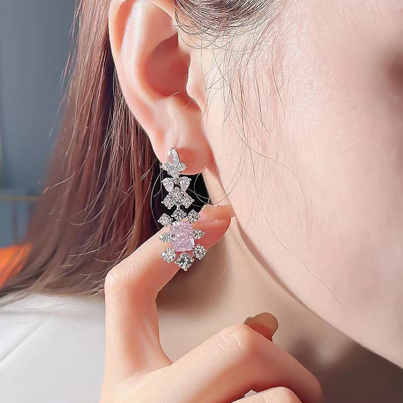 High Carbon Diamond Women's Silver Rectangular Ice Flower Cut Ear Studs