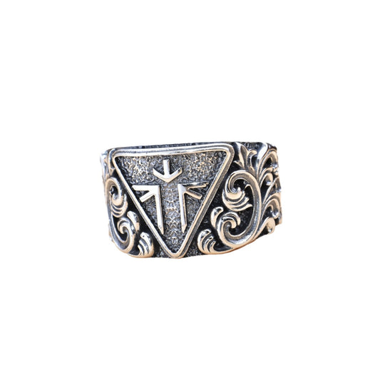 Men's Silver Ring with Ornaments, showcasing an intricate design and adjustable size.