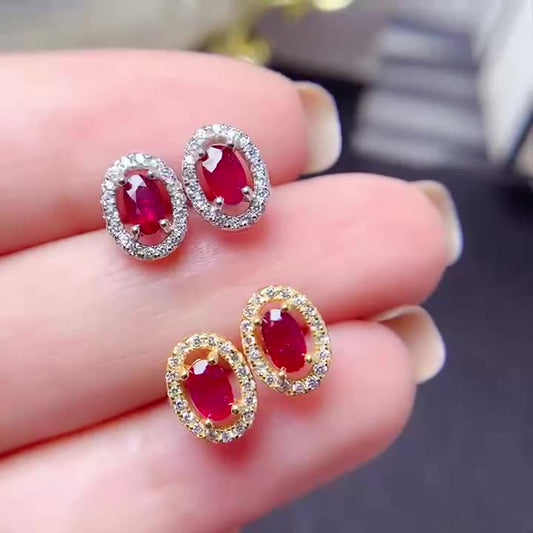 Women's 925 Silver Stud Earrings with Natural Red Ruby