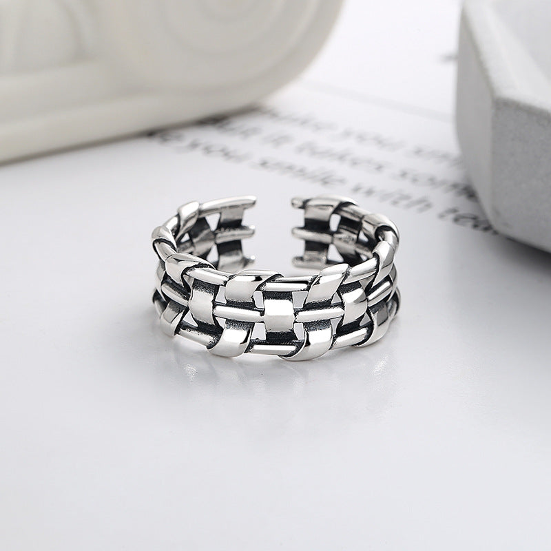Silver Geometric Woven Unisex Ring