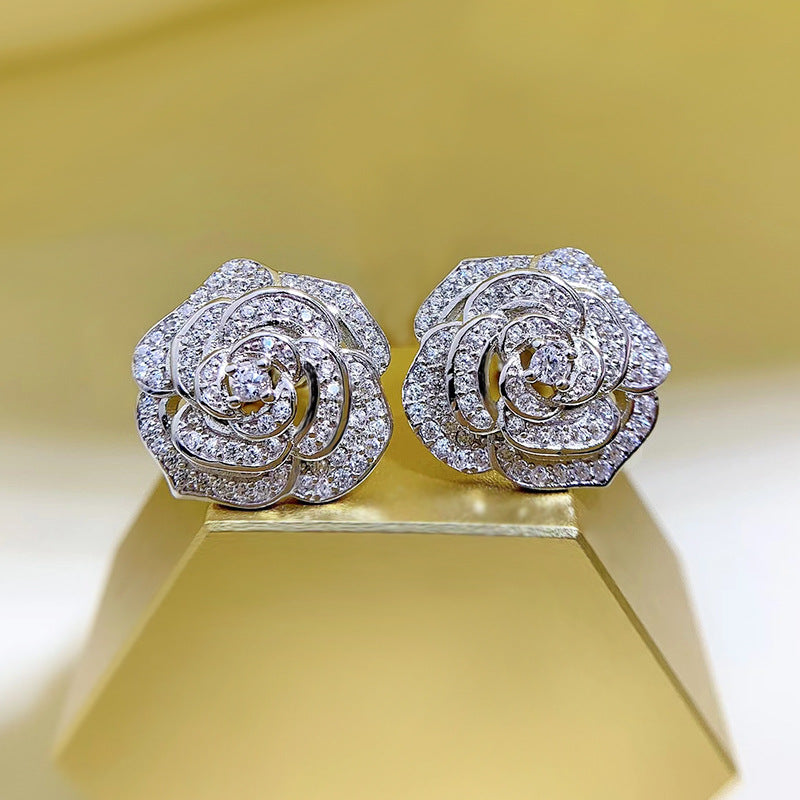 Women's 925 Silver Camellia Stud Earrings with CZ Accents