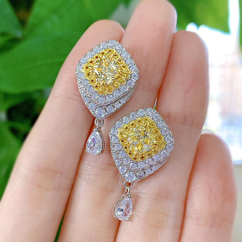 High Carbon Diamond Yellow Diamond Stud Earrings Female Light Luxury S925 Silver Ear Jewelry