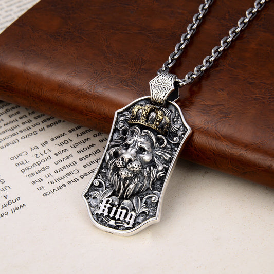 S925 Sterling Silver Thai Silver Necklace  Men's Domineering Lion King Pendant