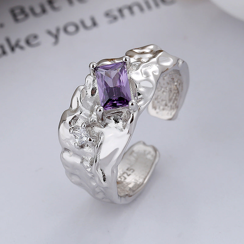Women's Sterling Silver Foil Texture Square Zircon Ring