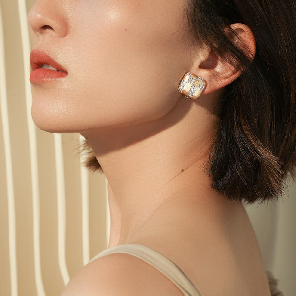 Diamond-Embedded Geometric Square Ear Clip - S925 Sterling Silver Zircon Earrings