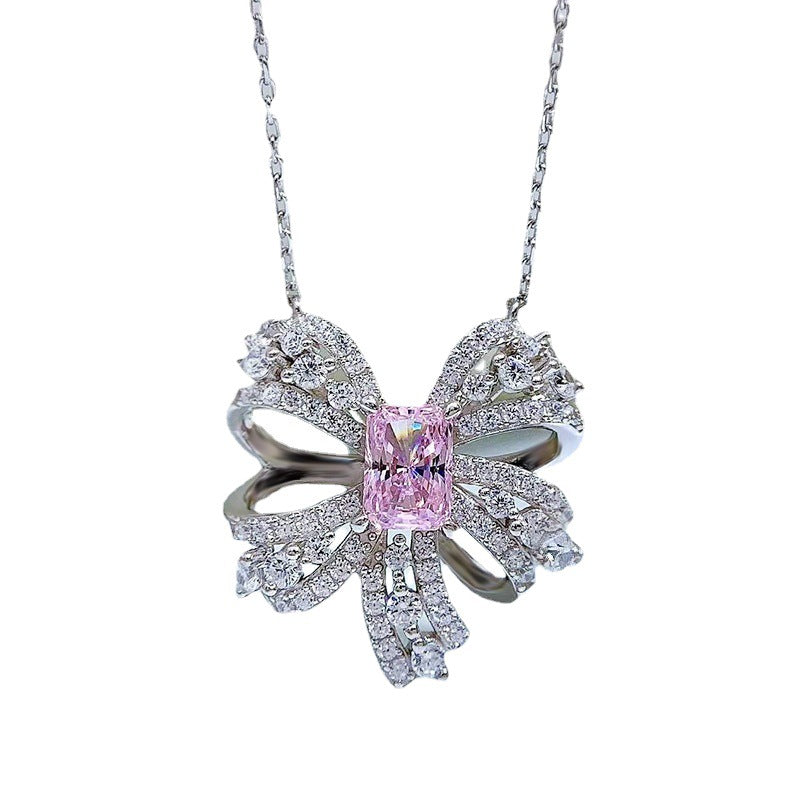 Luxury Sterling Silver Necklace for Women with Pink Artificial Diamond
