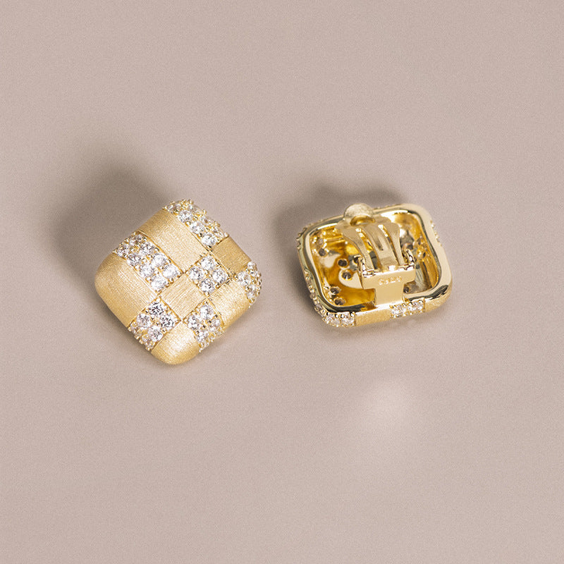 Diamond-Embedded Geometric Square Ear Clip - S925 Sterling Silver Zircon Earrings