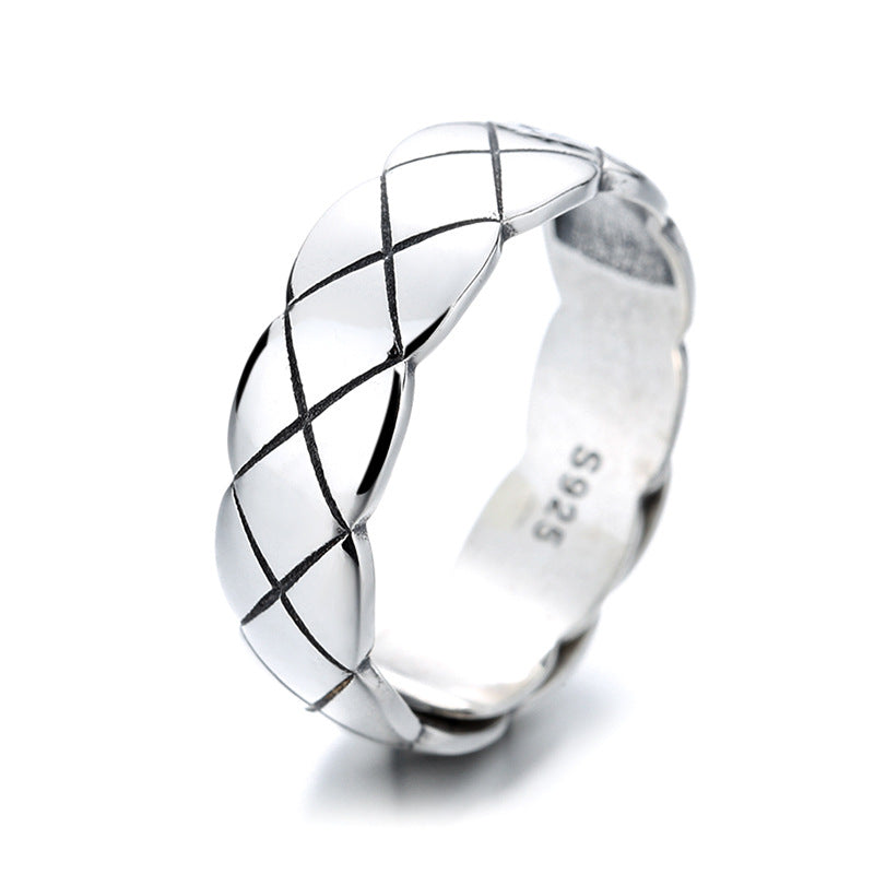 Men's S925 Silver ring Plaid Vintage style