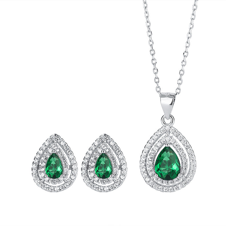 925 Sterling Silver Necklace Set with Mysterious Emerald - Women's