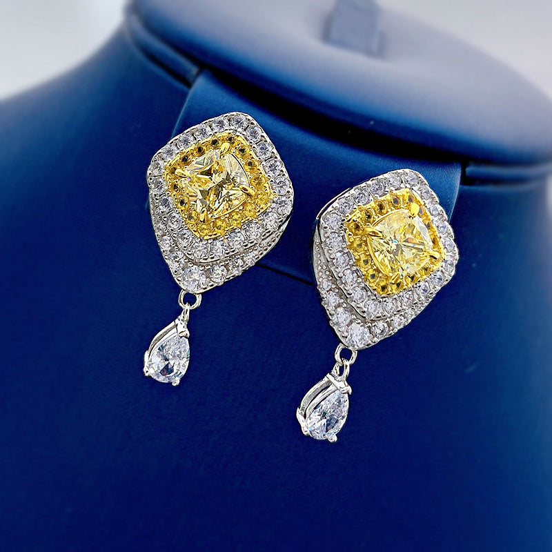 High Carbon Diamond Yellow Diamond Stud Earrings Female Light Luxury S925 Silver Ear Jewelry