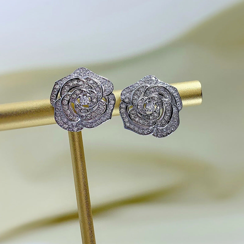 Women's 925 Silver Camellia Stud Earrings with CZ Accents