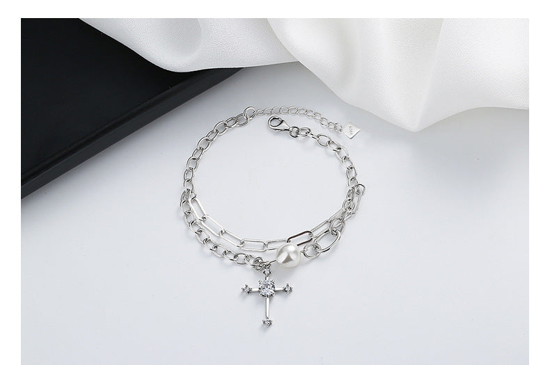 Elegant S925 Sterling Silver Double-layer Pearl Cross Bracelet