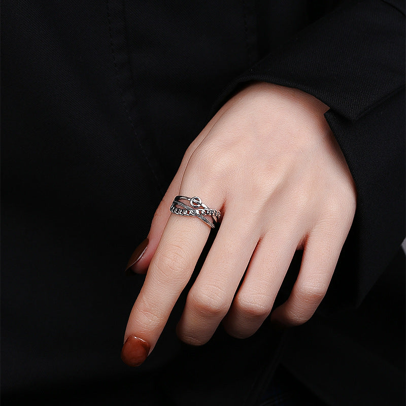 Women's Sterling Silver Chain Stitching Cross Irregular Ring - Unique and Elegant Design