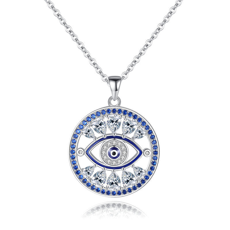 Women's silver pendant necklace with blue devil eyes