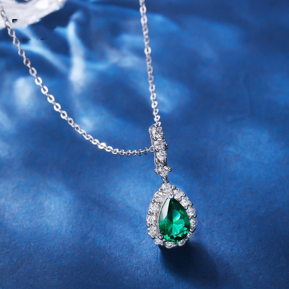925 Silver Women's Necklace  Inlaid Water Drop Color Treasure - SILVER ROCK